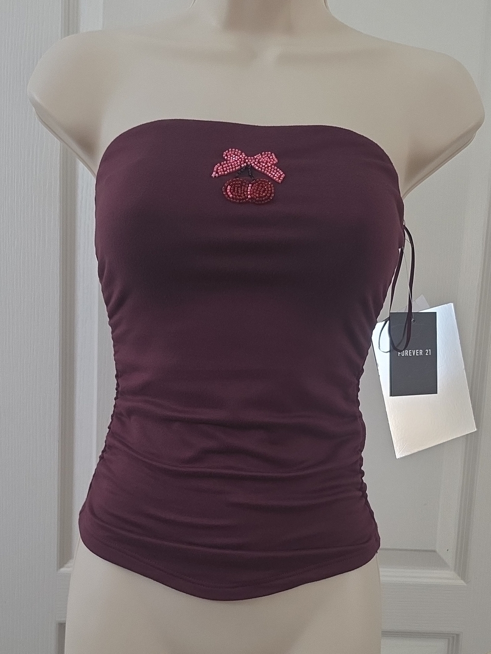 Forever 21 | Strapless Beaded Cherry Bow Burgundy Side Ruched Tube Top- S NWT